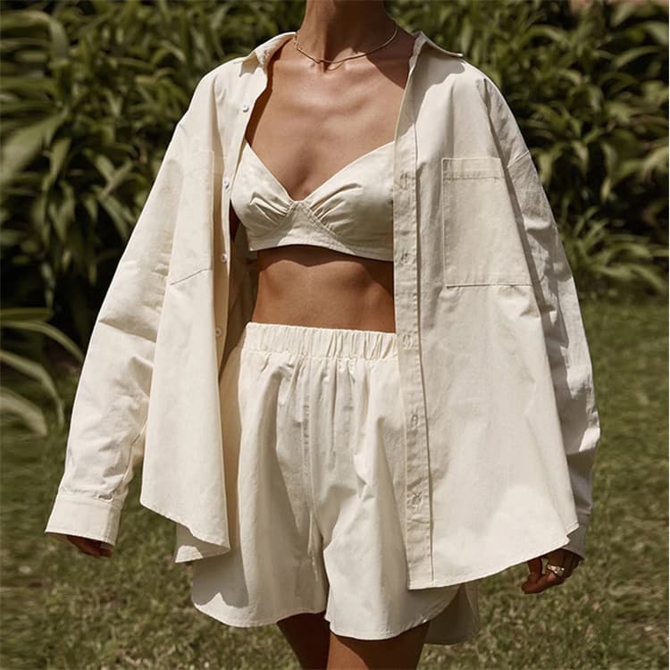 Spring and Summer New Launch Sexy Cool Girl Solid Color Striped Lapel Shirt Shorts Three Pieces Suits Women Set