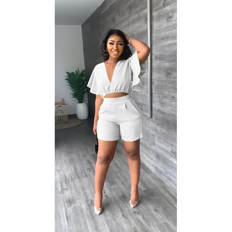 2023 Summer Hot Sexy Breathable V Neck Ruffle Short Sleeve Tops and Shorts Solid Color 2 Pieces Women Set Suits