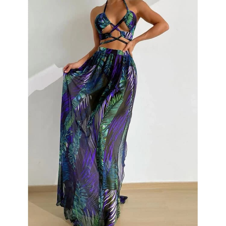 2024 New Gauze Skirt Three Piece Swimsuit Printed Drawstring Straps Sexy Push up Bikini for Women