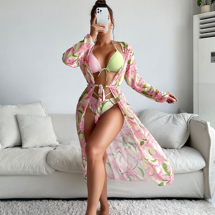 2024 New Hot Selling Sexy Printed Three Piece Bikini Split Swimsuit for Women