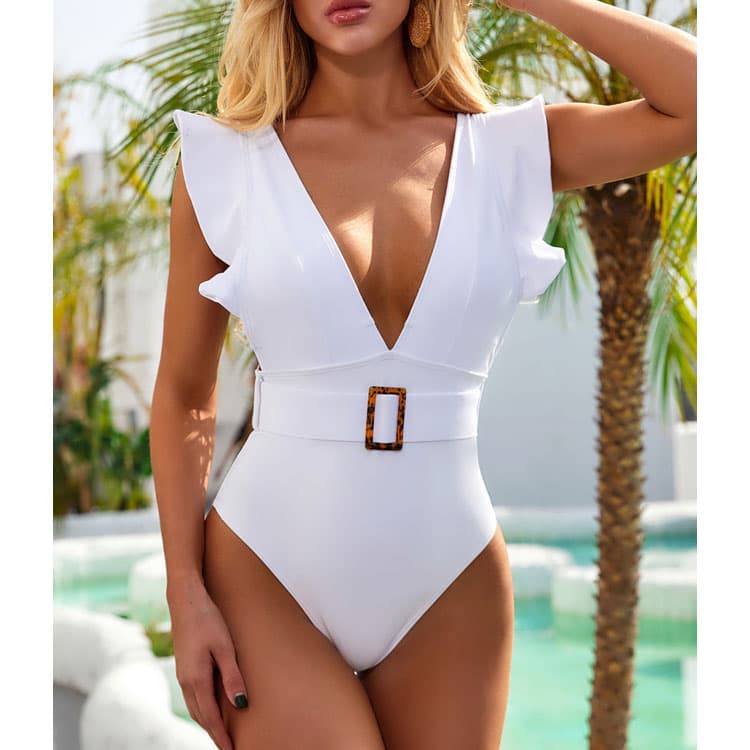 Factory Wholesale 2024 Latest Solid Color One Piece Ruffled White Swimsuit Bikini for Women