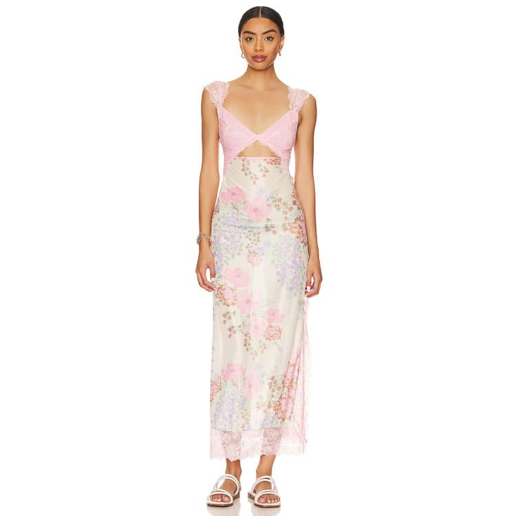 Classic Hot Selling Sexy Lace Floral Stitching Slit Sleeveless Women Long Dress