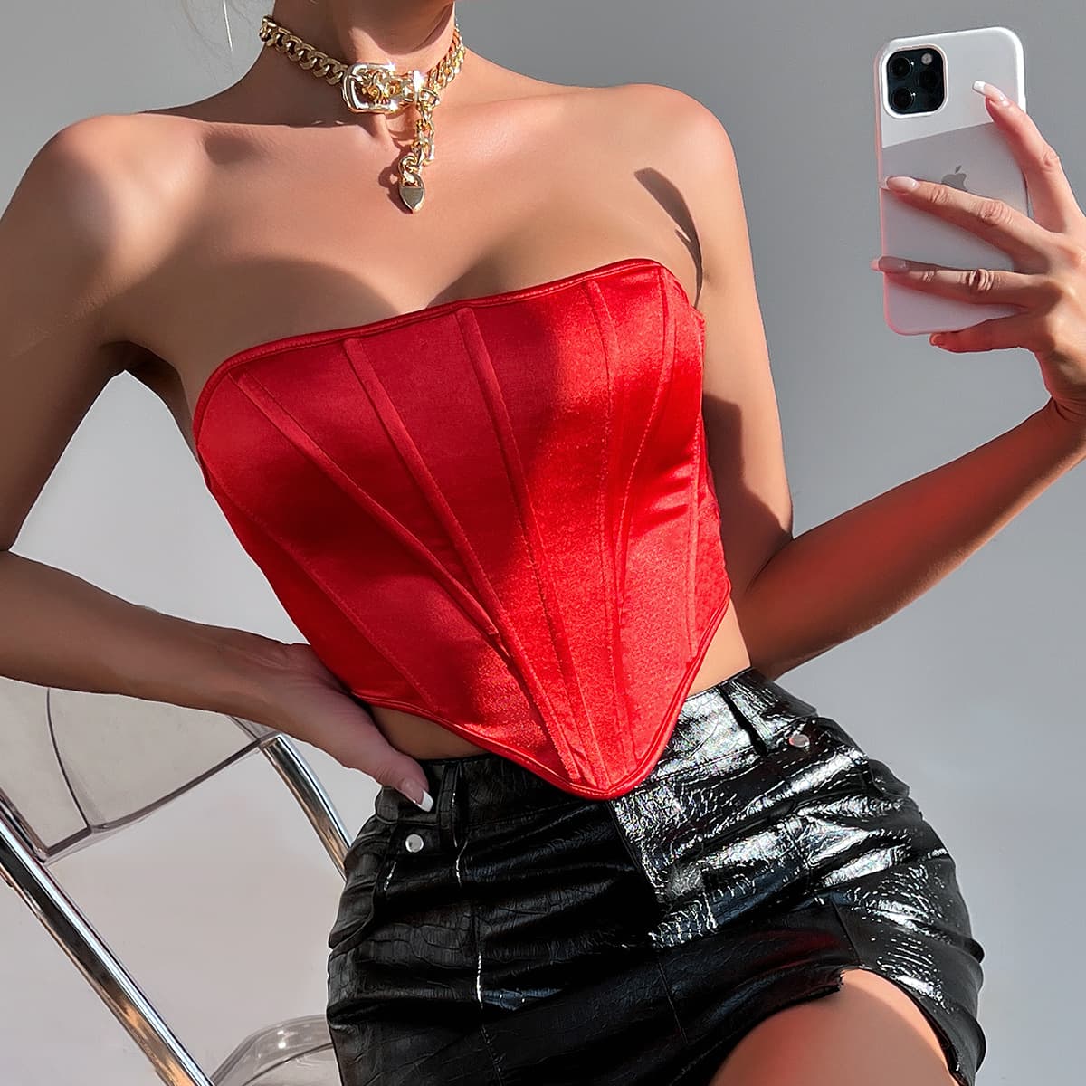 2024 Glossy Tube Top Diamond Shape Navel Baring Backless Fishbone Chest Wrapped Tank Top
