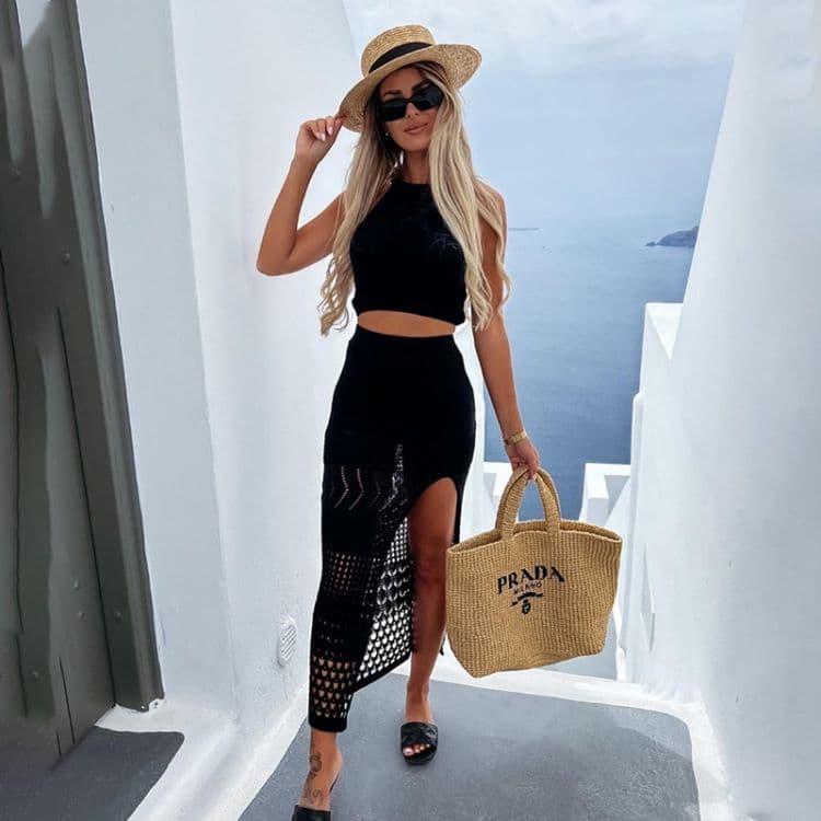 2024 Spring and Summer New Women Mid Length Slit Long Skirt Slim Straight Beach Skirt Set