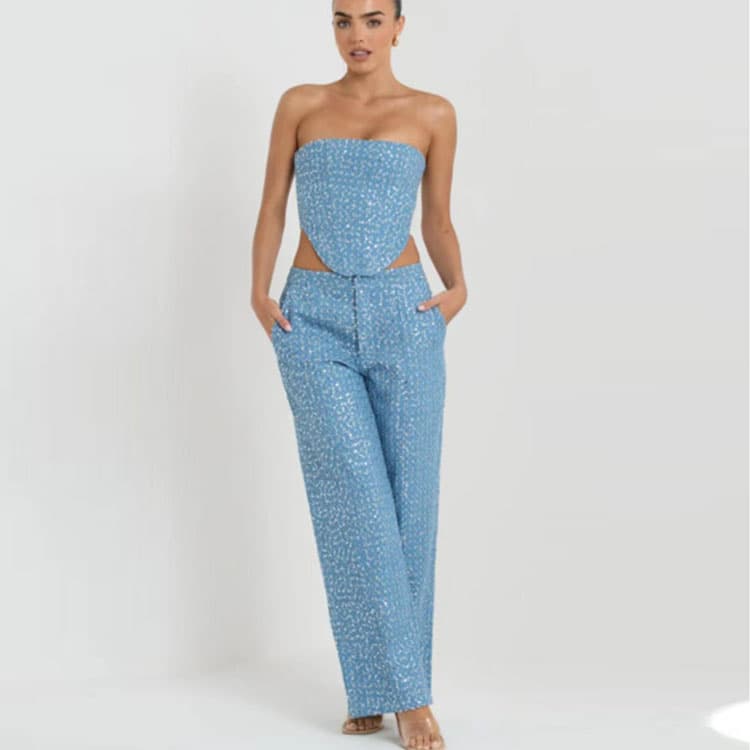 2024 New Fashion Denim Sequined Tube Top Wide Leg Pants Women Suit