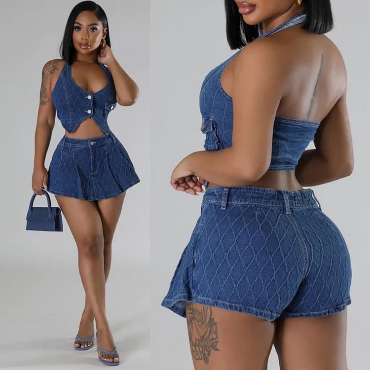 Fashion Slim Fit Halterneck Buttoned Sleeveless Stretch Casual Denim Suit