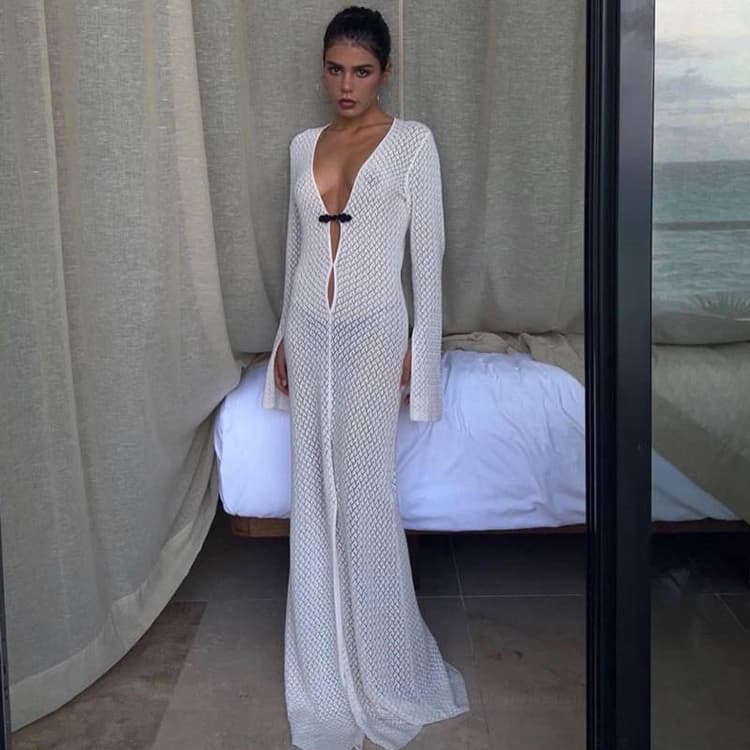 2026 V Neck Hollow Slit Long Cover Ups Beach Smock Dress Long Fishtail Evening Dress Women