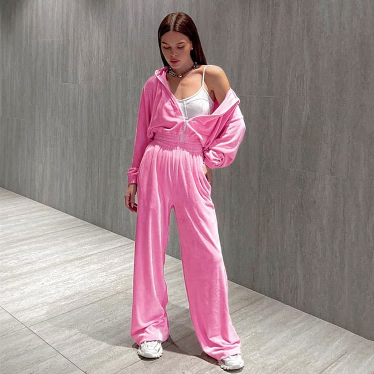 New Fashion Women Sports Short Gold Velvet Sweater Suit Casual Commuting Wide Leg Pants