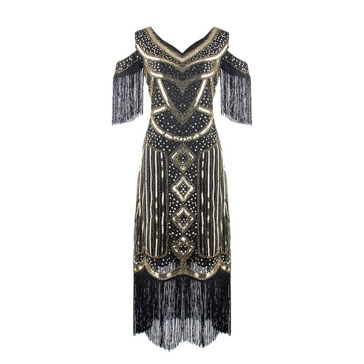 Vintage Evening Party Dress Tassel Long Dress Party Sequin Beaded Party Dress