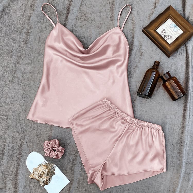 New Solid Color Ice Silk Women Pajamas Summer Sexy Short Home Pajamas Two Piece Set