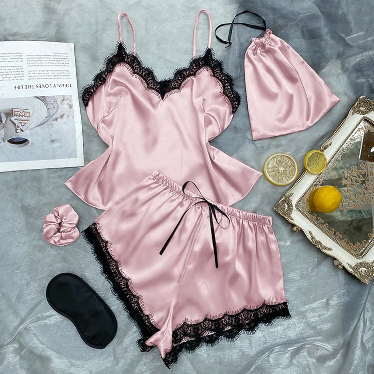 Sexy Silk Lace Suspender Skirt Pajamas Summer Vest Lace up Short Suit Home Clothes