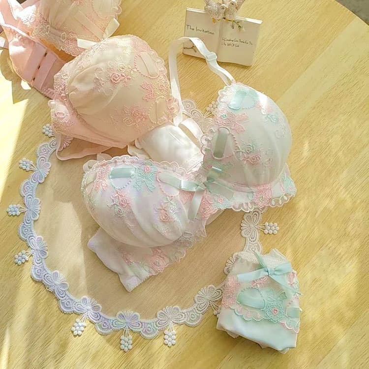 Japanese Ribbon Embroidery Cute Girl No Underwire Gather Comfortable Bra Set Underwear
