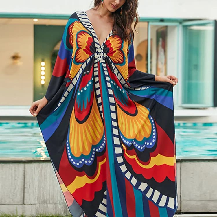 Position Printed Bikini Sunscreen Coverups Loose Plus Size Beach Long Dress for Women