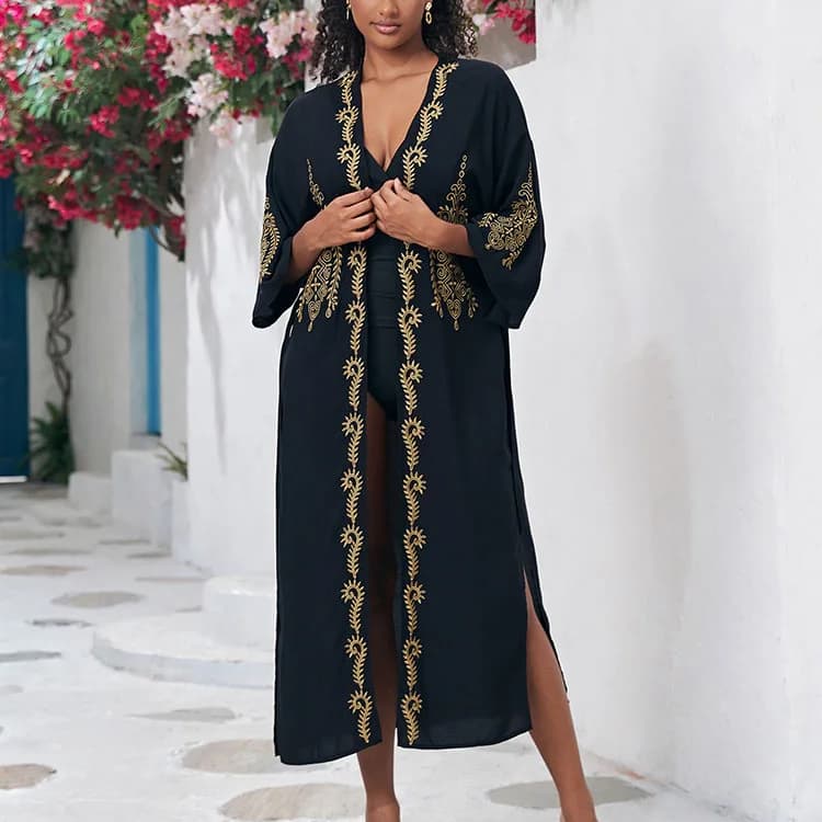 Rayon Embroidery Long Swimsuit Outfit Bikini Cover Ups Sunscreen Cardigan Kafan