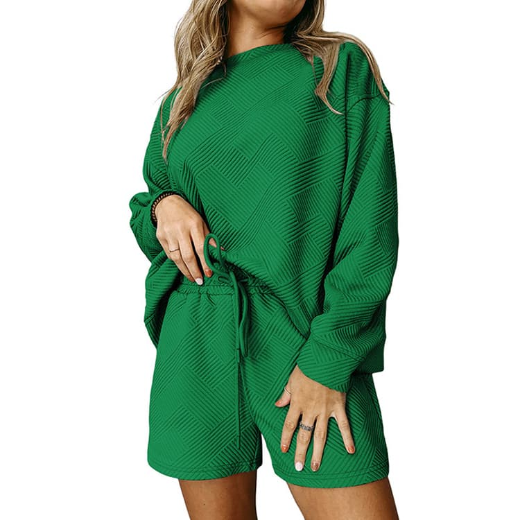 New Solid Color Texture Casual Women Set Loose Drawstring Two Piece Set