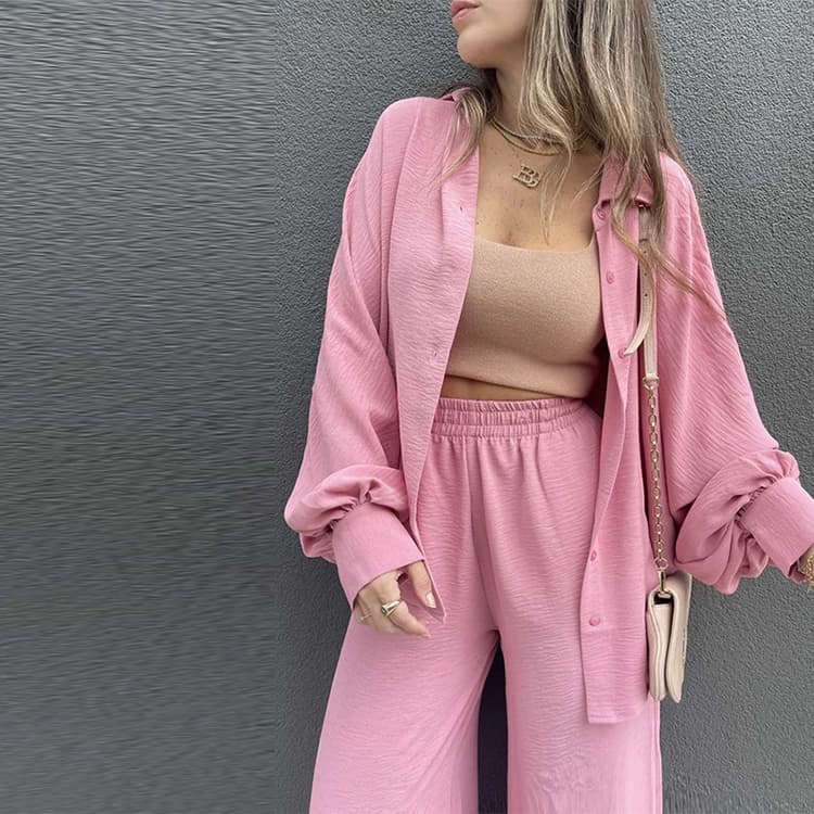 2023 New Fashion Casual Suit Temperament Solid Color Single Breasted Lantern Sleeve Shirt Two Piece Set
