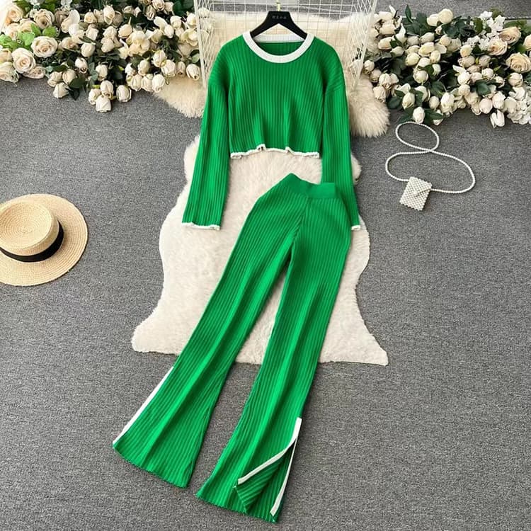 2024 New Temperament Suit Contrast Color Knitted Top Long Trousers Two Piece Set