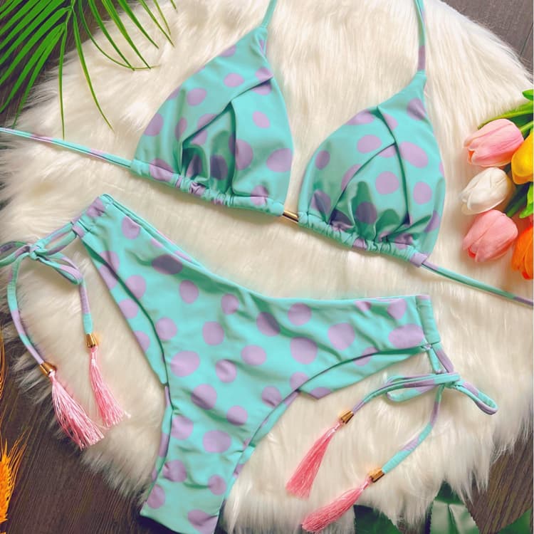 Colorful Floral Print Dot 2 Piece Bikini Vocation Beach Batching Swimsuit for Women