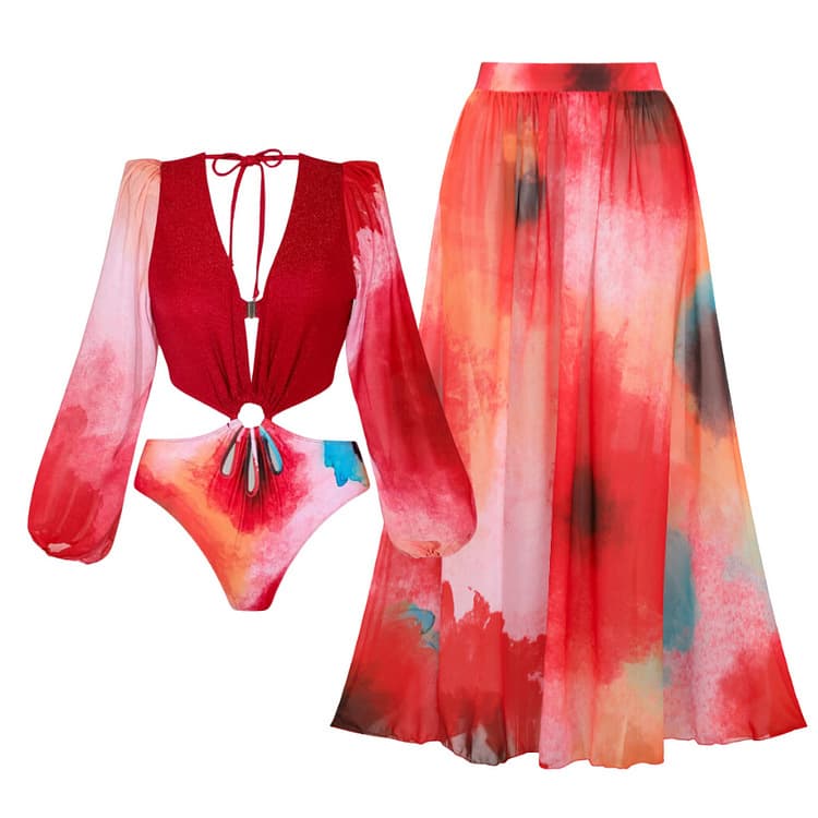 2024 New Fashion Red Long Sleeve Tie Dyed Bikini Swimsuit Skirt Women Swimwear Beachwear