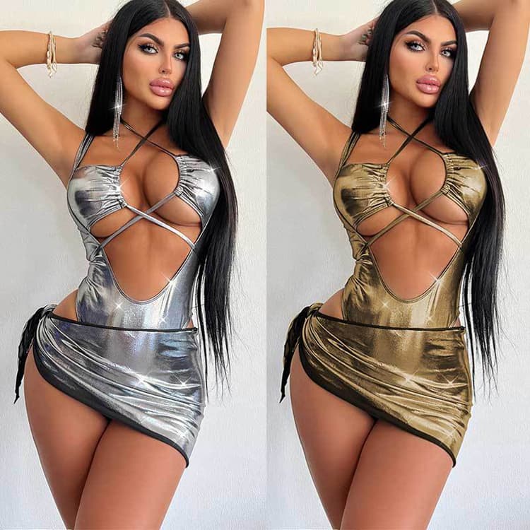 Glossy Hollow Out Sexy Bikini One Piece Set Gold Lace up Backless Triangle Bathing Suit Beachwear