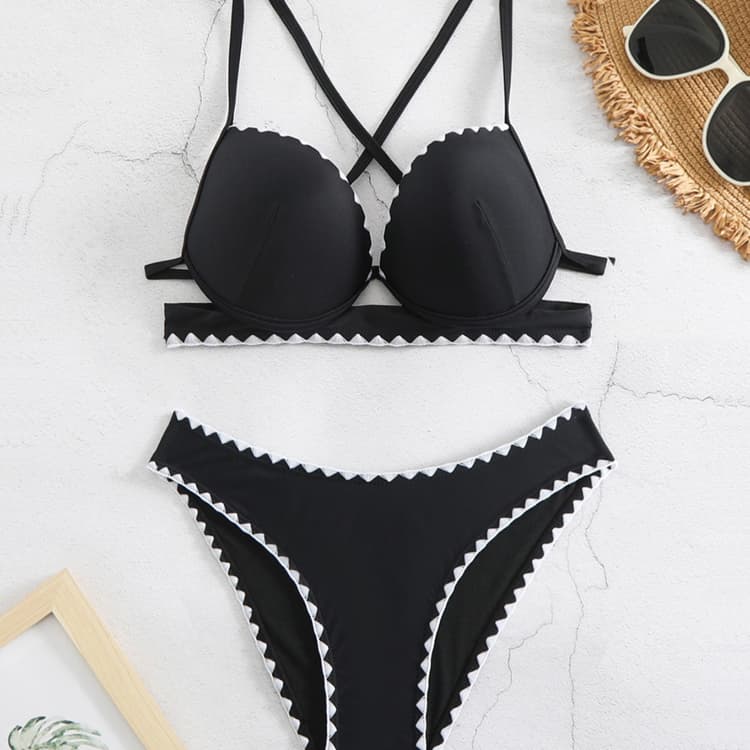 Black Solid Color Two Piece Swimsuit Backless Retro Elegant 2024 New Style Bikini&beach Wear