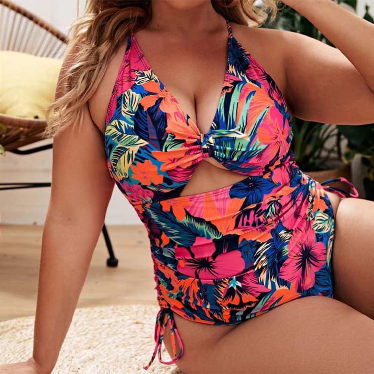 Flower Printed Plus Size Colorful Sexy One Piece Hollow Out Bikini 2024 Multi Printed Plus Size Swimwear