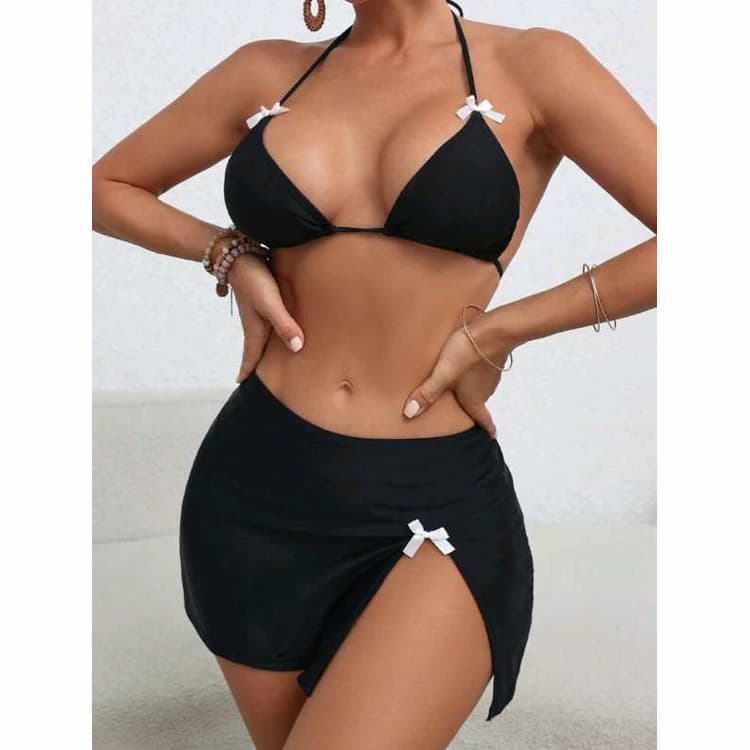 2024 New INS Bow Backless Three Piece Bikini Cute Sexy High Cut Slim Bandage Swimsuit