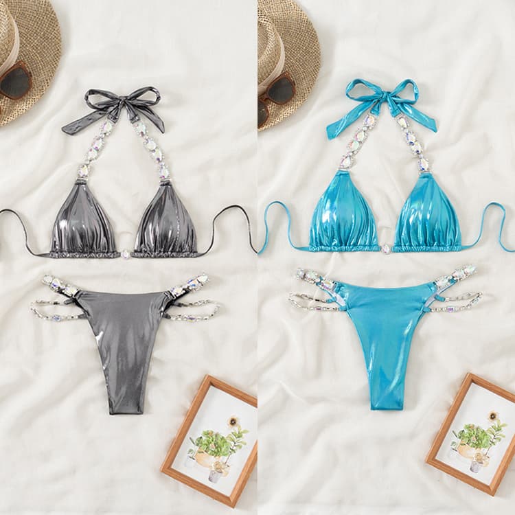 Glossy Elegant Luxury Masonry Bikini 2024 New Hanging Neck High Cut Swimsuit Two Piece Set