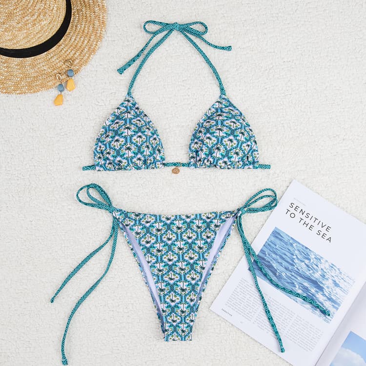 Floral Print Triangle Cup Sexy Bikini Swimsuit Mini Retro Backless Bathing Suit Two Piece Set