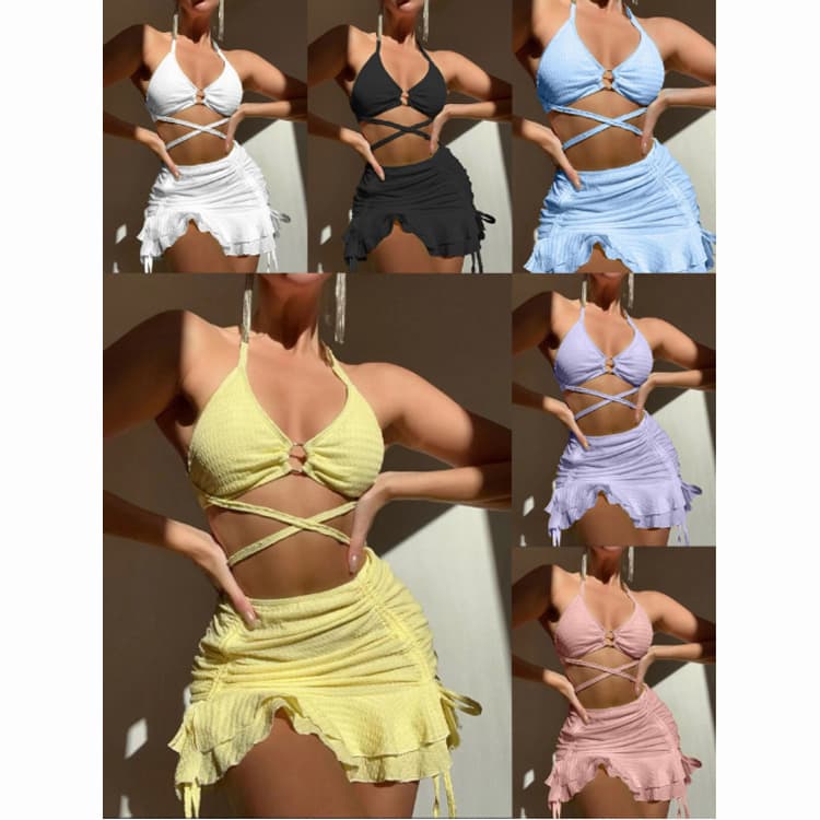 Irregular Cover Dress Candy Color Cute Bikini Three Pieces Sexy Halter 2024 Summer New Swimsuit