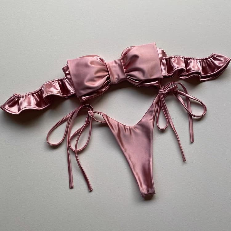 Sweet Girl Pearl Glossy Bow Sexy Small Mini 2 Pieces Bikini Lovely Cute New Designer Swimsuit