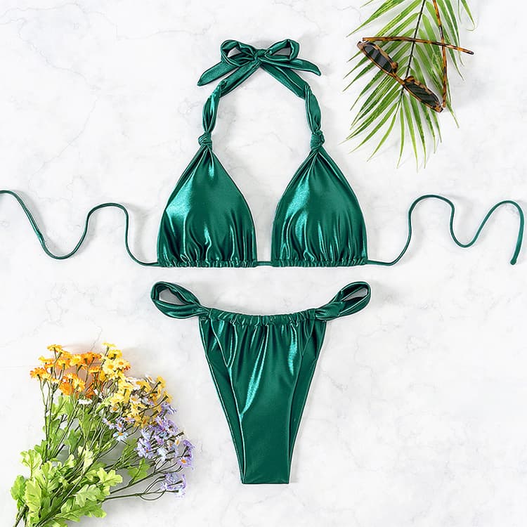 Ins Halter Hot Solid Color Green Swimsuit Sexy Glossy Two Piece Bikini 2024 New High Cut Bathing Suit