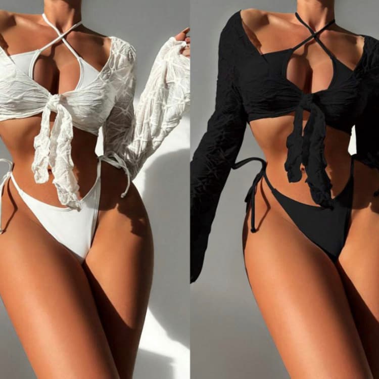 Sexy Bikini Three Piece Solid Color Sunscreen Tie Swimwear Backless New Design Cute Delicate Summer Swimsuit