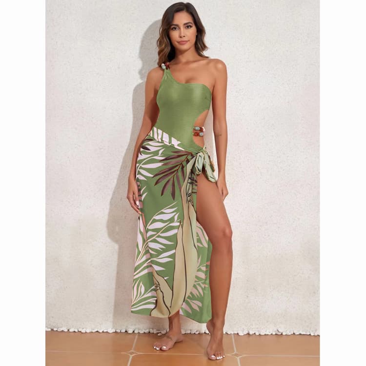 Solid Color Floral Printed Split 2024 New French Bikini Ins Hollow Out Waist Cut Mesh Beach Swimsuit