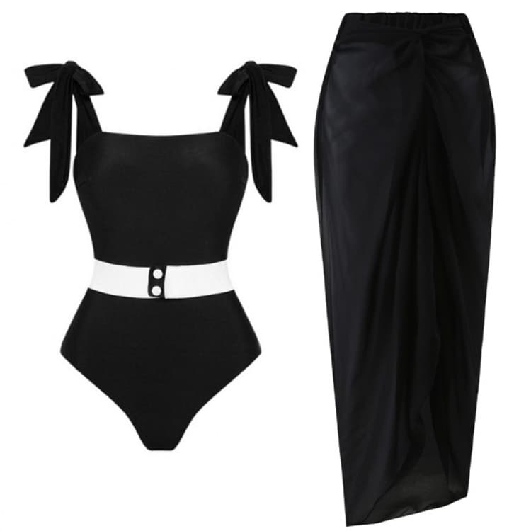 2024 New Design Tik Pop up Swimsuit Set Black White Retro Delicate Bow Sexy Bikini Set for Women