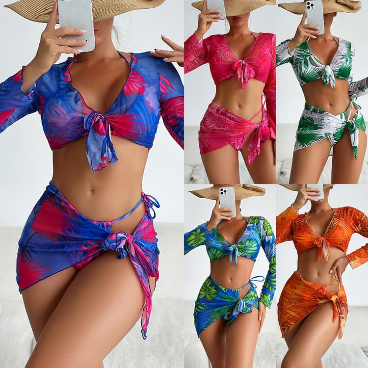Colorful Printed Sexy 4 Piece Bikini  2024 New Cute Exquisite Beach Swimwear Crop Top Sunburn protection Bather