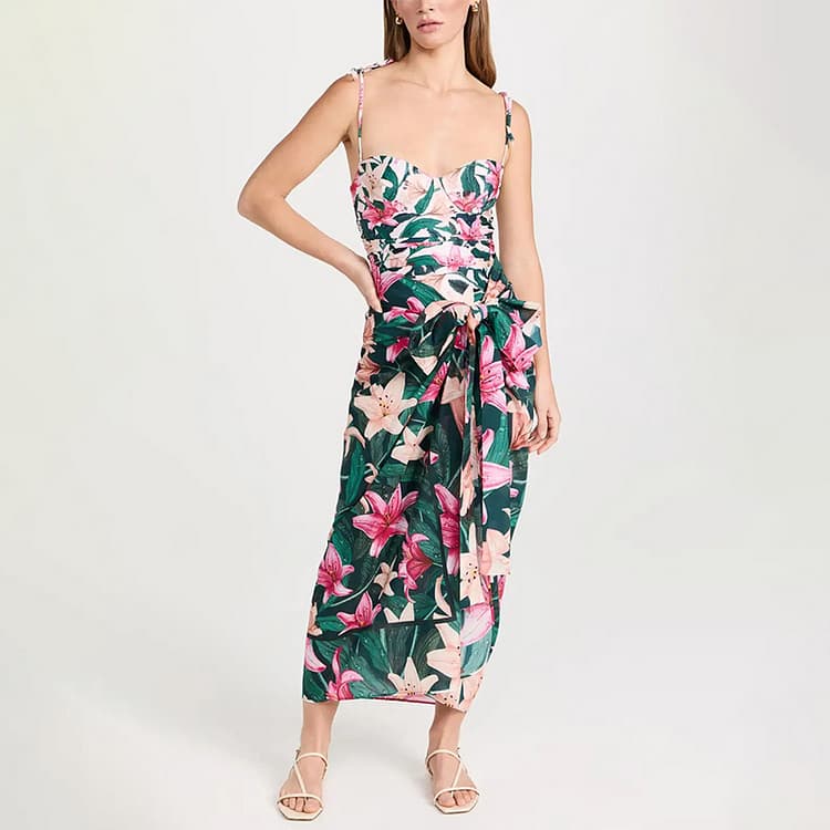 Floral Printed Sexy Cute 2 Pieces Bikini Set Summer Push up High Cut Spa Bathing Set With Dress