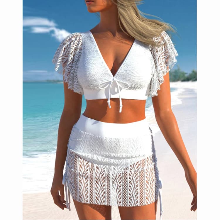 New Design Hollow Out Lace Ruffle Swimsuit Two Piece Comfortable Simple Seaside Spa Beachwear Set
