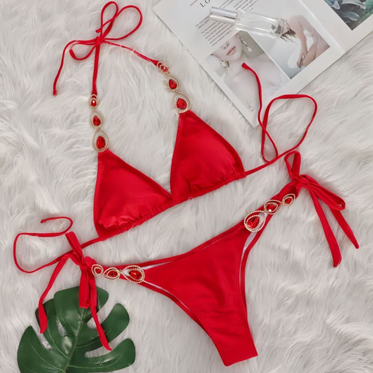 New Design Jewel Solid Color Sexy 2 Piece Bikini Rhinestone Backless Beach Exquisite Swimwear&Seaside Wear