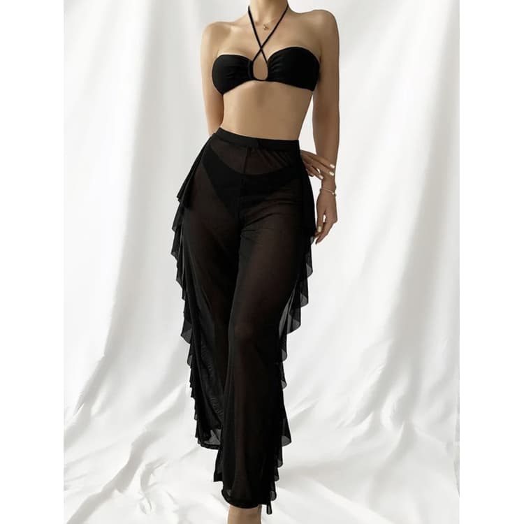 New Solid Color Three Piece Swimsuit Irregular Cut Bikini Set Mesh Girls Swimwear