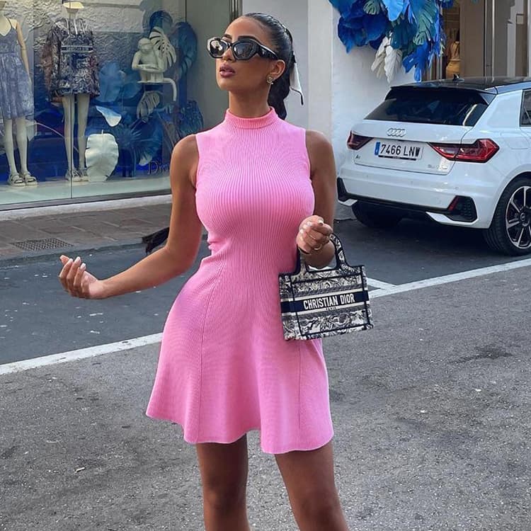 Women 2022 Autumn New Solid Color Dresses Casual High Neck Sleeveless Slim Short Dresses