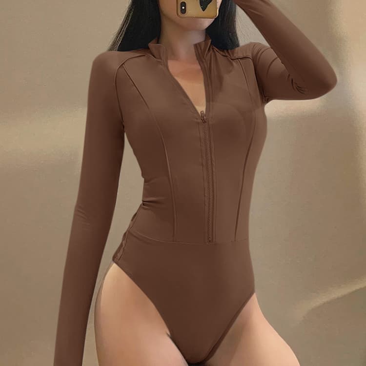 Fashion Mock Neck Slim Fit Long Sleeve Bodysuit Wholesale Sexy Solid Color Zipper Women Top