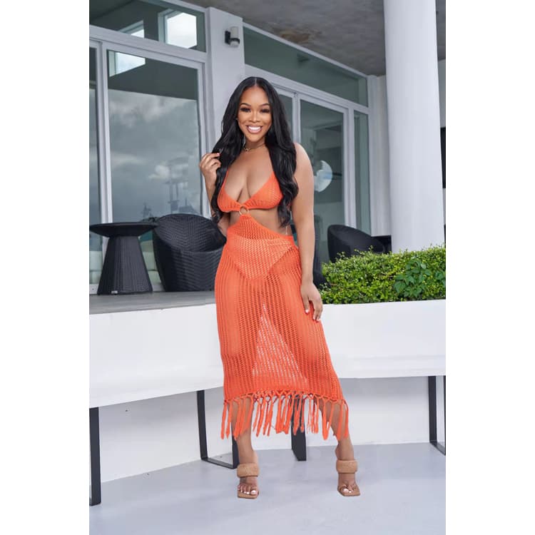 New Solid Color Beach Dresses Casual Knit Dresses Hollow Fringe Beach Dresses