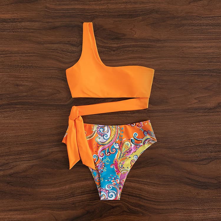 New Sexy High Waist Bikini Vintage Printed Swimwear One Shoulder Lace up Beach Swimwear for Women