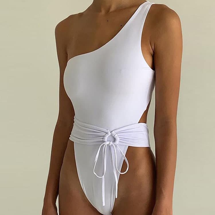 New Solid Color Bikini Sexy One Shoulder Swimsuit Belt Tie Sexy One Piece Swimwear
