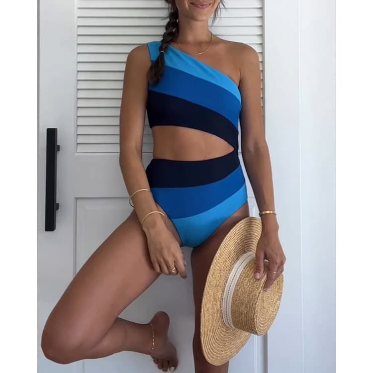 2024 Fashionable Sexy Women Bikini Contrast Color Swimwear Waist Hollow One Piece Swimsuit