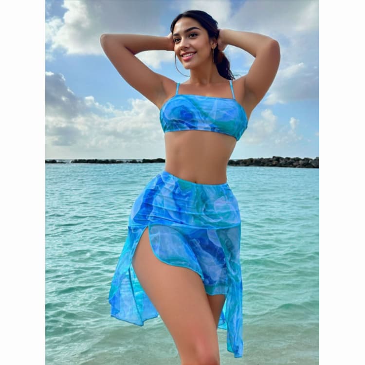 Pink Blue Gradient Bikini 3 Piece Set 2024 New Popular Style Swimsuit Sexy Pretty Bathing Suit