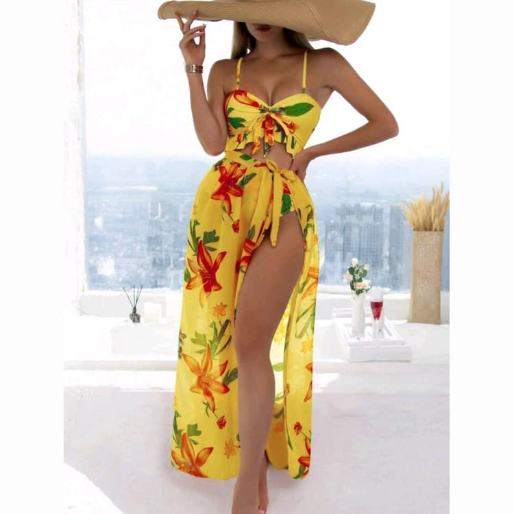 2025 New Floral Sexy Ruffle Bikini Summer Beach Three Piece Set Beachwear Push up Swimsuit With Cover Dress