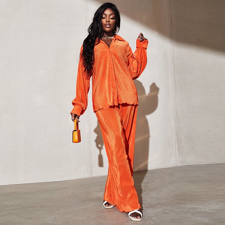 2023 New Long Sleeve Fashion Solid Color Suit Shirt Wide Leg Casual 2 Piece Sets for Women