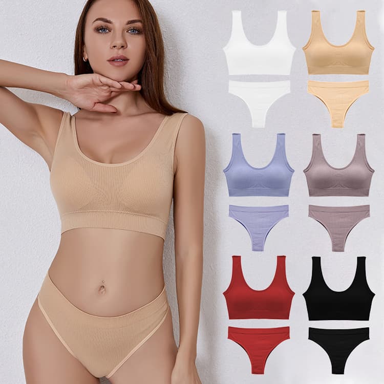 Women Seamless Bra Set Solid Seamless  Sexy Cotton Yoga Bras Top and Thong Panties